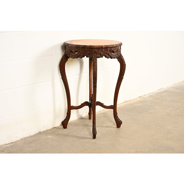 Romweber Romweber Style French Provincial Louis XV Carved Walnut and Satinwood Inlaid Marquetry Side Table, Circa 1930s For Sale - Image 4 of 14