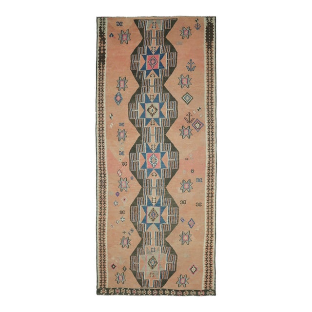 Vintage Turkish Oushak Handmade Cotton Orange Wool Kilim Runner Rug For Sale