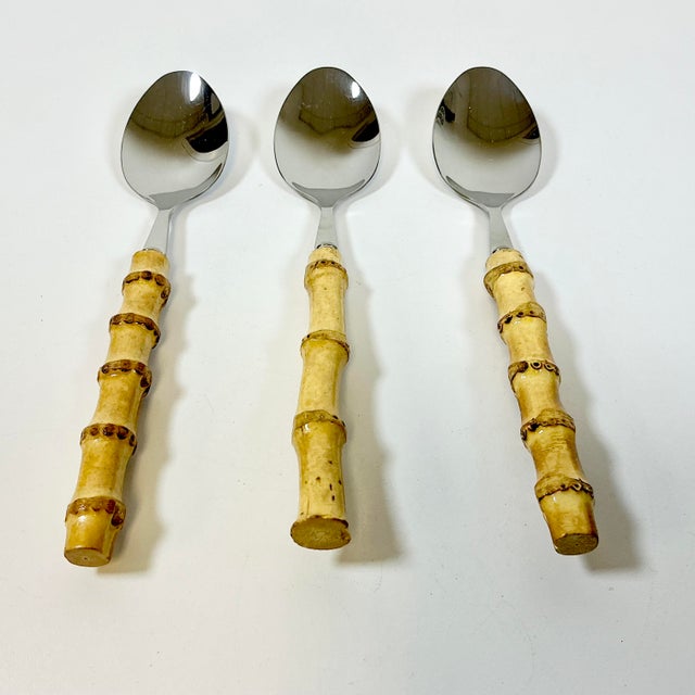 Late 20th Century Vintage Boho Chic Coastal Bamboo & 18/8 Stainless Steel Serving Spoons - Set of 3 For Sale - Image 5 of 10