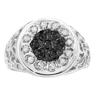 .925 Sterling Silver 1/4 Cttw White and Black Treated Diamond Halo Cluster Ring for Men (I-J Color, I3 Clarity) - Size 9 For Sale