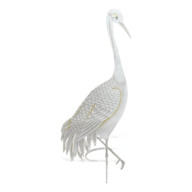 Hand‑Painted Oriental Crane Mural Panel, Neutral Tone Wall Art For Sale