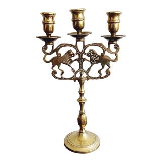 Vintage Brass Three Cup Lions of Judah Candelabra For Sale