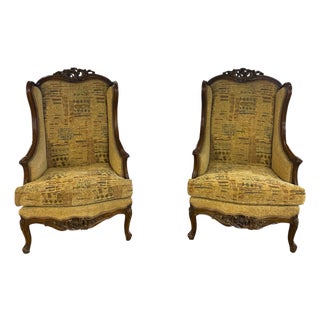 Pair of Louis XV Style Carved Wing Back Lounge Chairs, a Pair For Sale