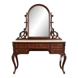 Alexander Roux Antique French Rococo Carved Mahogany and Marble Top Vanity Dressing Table With Mirror, Newly Refinished For Sale