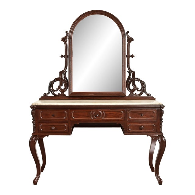 Alexander Roux Antique French Rococo Carved Mahogany and Marble Top Vanity Dressing Table With Mirror, Newly Refinished For Sale
