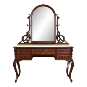 Alexander Roux Antique French Rococo Carved Mahogany and Marble Top Vanity Dressing Table With Mirror, Newly Refinished