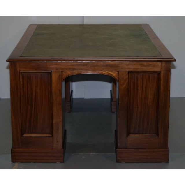 Late 19th Century Late 19th Century Rare Victorian Four Sided Quad Pedestal Desk in Flamed Mahogany Green Leather For Sale - Image 5 of 11