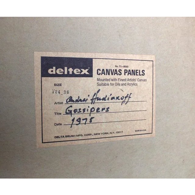 Textile Vintage Mid Century "Gossipers" Acrylic Painting by Andrei Hudiakoff For Sale - Image 7 of 9