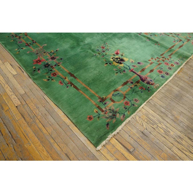 Outstanding Jade-Green Background Color With Details of Purple Flowers Vases in a Floral Design Chinese Art Deco Rug For Sale - Image 9 of 15