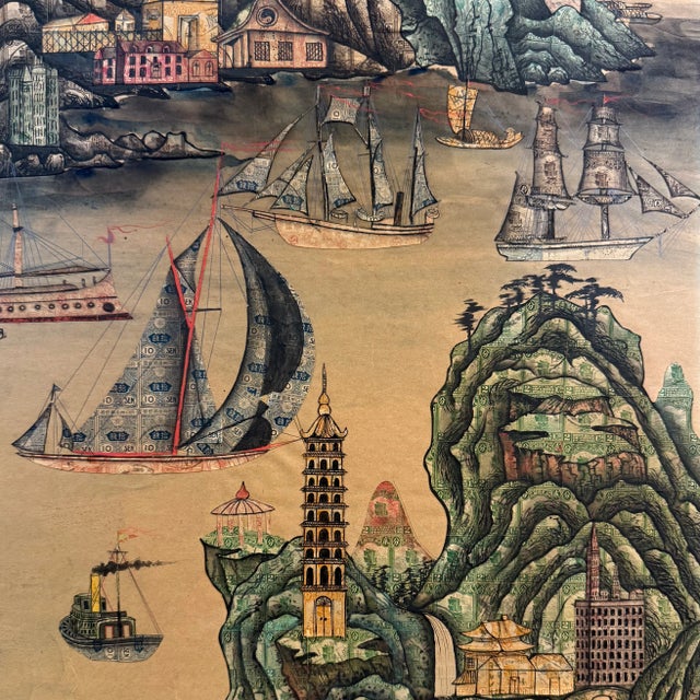 '1920's Chinese Port With Biplane Overhead', Early 20th Century Chinese School, Philately, Postage Stamp Collage For Sale - Image 10 of 16