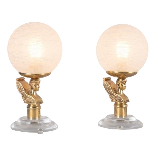 Winged Figure Table Lamps with Frosted Glass Globes, 1980s, Set of 2 For Sale