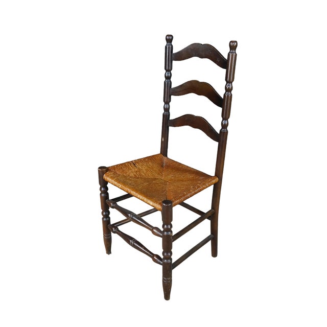 Farmhouse 4 Mid 20th Century French Country Shaker Style Oak Ladderback Dining Chairs Rush Seat Farmhouse For Sale - Image 3 of 18