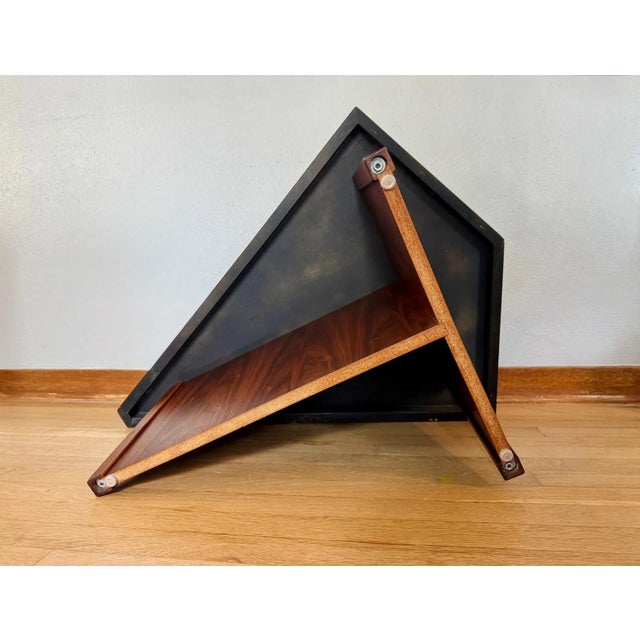 Chocolate Vintage MCM Triangular Veneer Coffee Table With Geometric Pedestal Base For Sale - Image 8 of 8