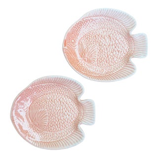 Vintage Pair of Peach Glazed Fish Plates Trinket Dishes For Sale