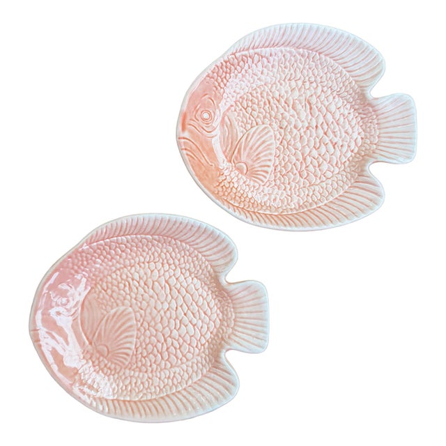 Vintage Pair of Peach Glazed Fish Plates Trinket Dishes For Sale