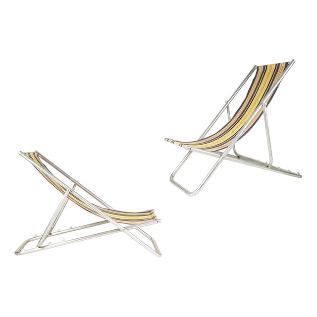 Italian Fabric & Aluminum Deck Chairs, 1950s, Set of 2 For Sale