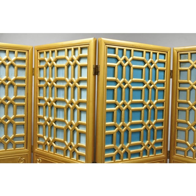Vintage Chinoiserie Lattice Fretwork 4 Panel Gold Folding Screen Room Divider For Sale In Philadelphia - Image 6 of 18