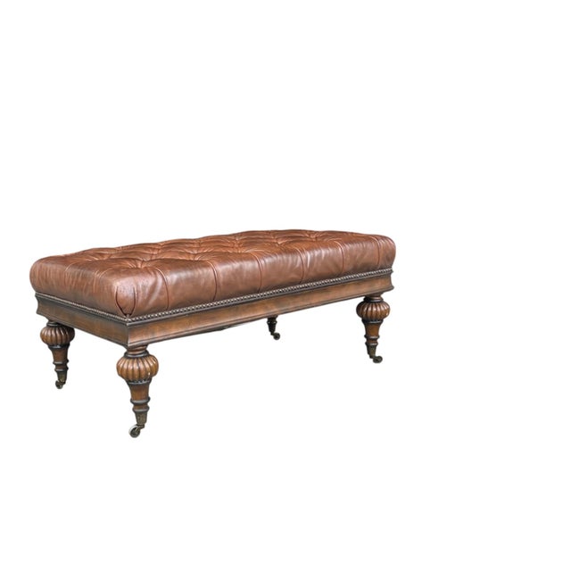 Vintage Tufted Brown Leather Ottoman Bench With Nailhead Trim & Carved Wood Legs on Casters For Sale - Image 13 of 15
