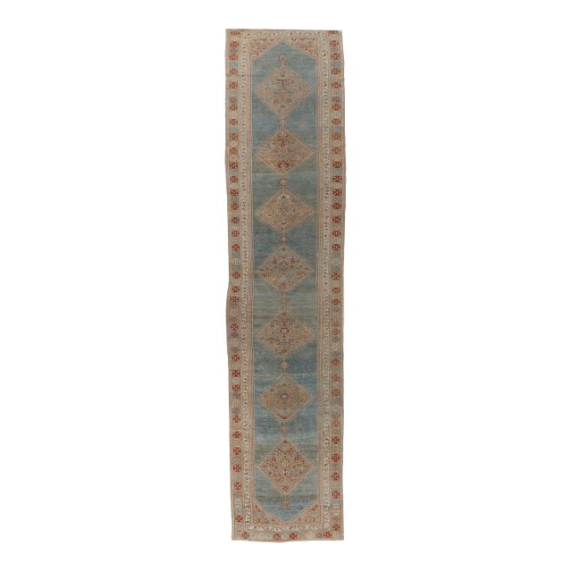 Antique Circa 1920 Blue Malayer Hand Knotted Runner 3ft 2in X 15ft 1in For Sale