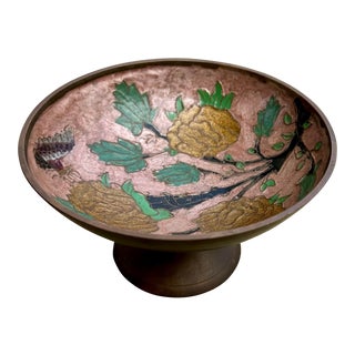Vintage Cloisonne Pedestal Bowl Solid Brass With Enamel For Sale