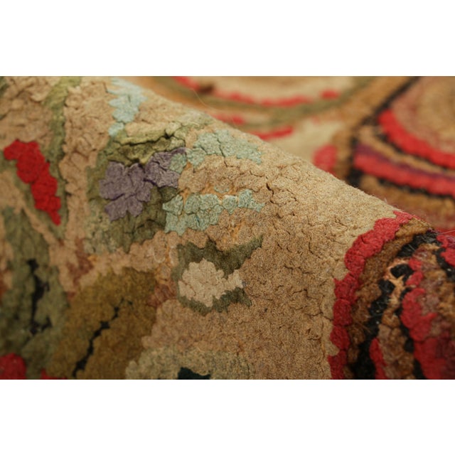 Textile Antique Hooked Rug in Beige-Brown With Colorful Floral Medallion | Rug & Kilim For Sale - Image 7 of 8