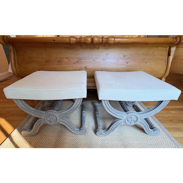 Custom French Grey Painted Neo-Classic X-Style Benches, a Pair For Sale - Image 14 of 14