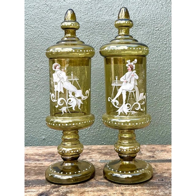 Vintage Hand-Painted Dandy Glass Apothecary Jars - Pair For Sale In West Palm - Image 6 of 13