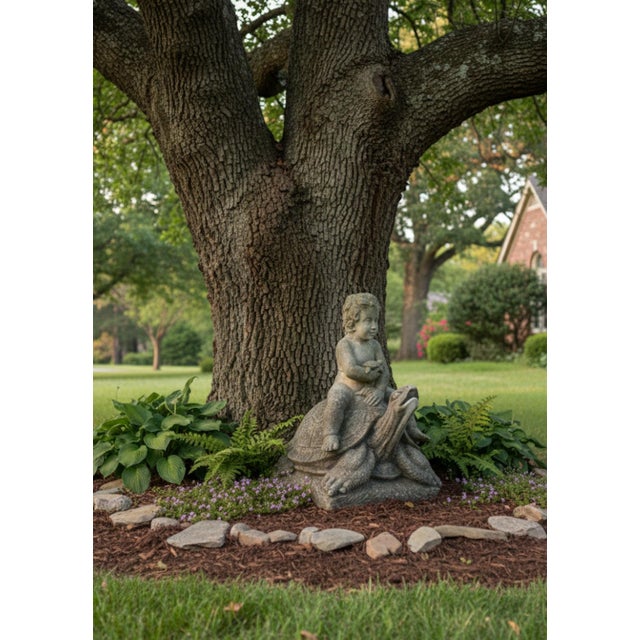 Stone Vintage Limestone Putti Riding a Giant Tortoise Garden Statue For Sale - Image 7 of 8