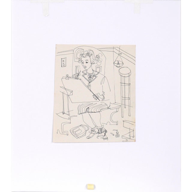 The Artist at Her Easel - Figurative Drawing in Pen on Paper Stylized figurative drawing by unknown artist "Ting" (20th...