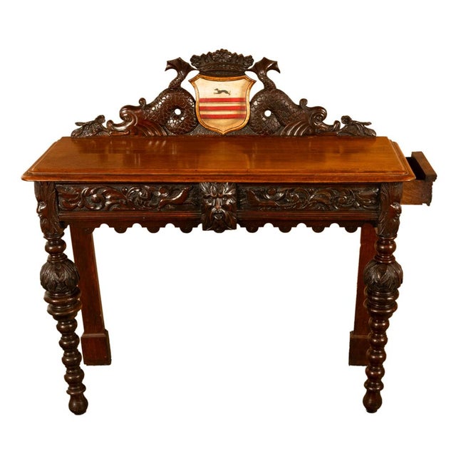 Antique Carved Oak Hall Table Skipworth Family Painted Royal Coat of Arms 1860 For Sale - Image 12 of 18