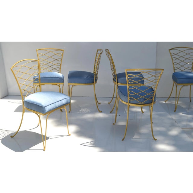 René Prou Art Deco Gold Wrought Iron Dining Room Chairs Blue Fabric - Set of 14 For Sale In Miami - Image 6 of 12