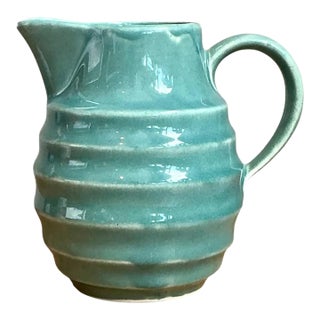Vintage Aqua Ribbed Ceramic Pitcher For Sale