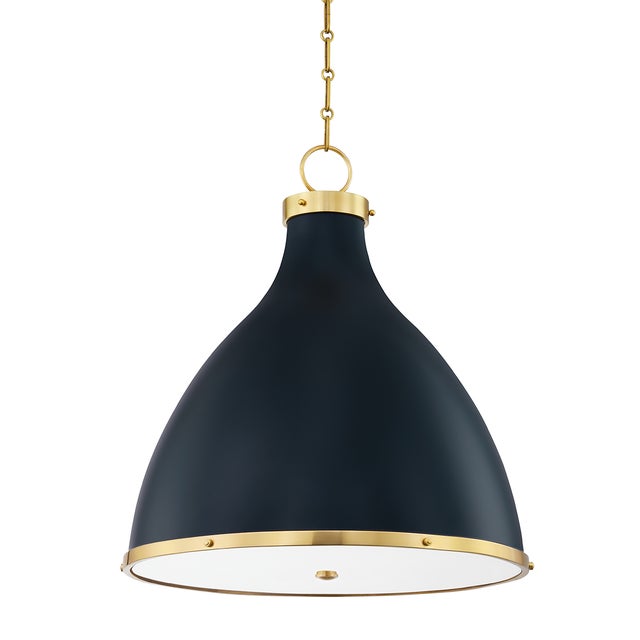 Transitional Hudson Valley Lighting Mark D. Sikes Painted No. 3 3-Light Large Pendant, Aged Brass/Darkest Blue For Sale - Image 3 of 3