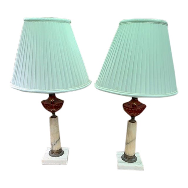 1940s Re-Worked Oil Lamps in Cranberry Glass, Alabaster and Marble With Silk Shades - a Pair For Sale