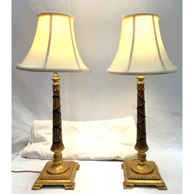 Vintage Hollywood Regency Style Gold Leaf Column Candlestick Lamps- A Pair For Sale - Image 4 of 18