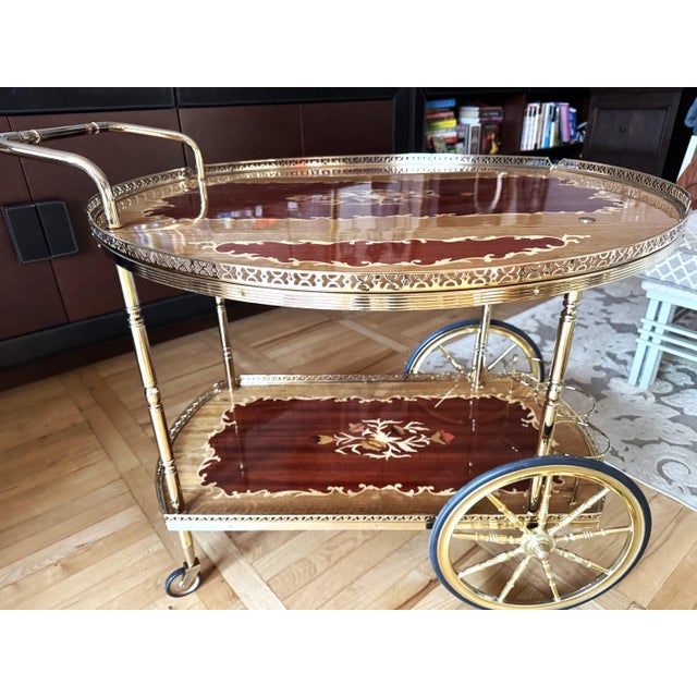 Vintage Brass and Marquetry Bar Cart, Italian Style Drinks Trolley with Folding Leaves, 1960s, 1970s For Sale - Image 4 of 18