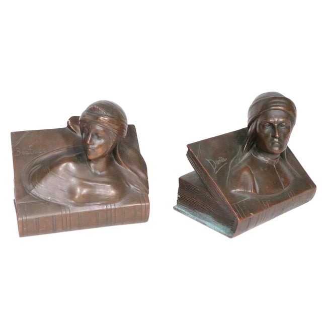 Pr. Bronze Finish Clad Dante and Beatrice Bookends by Jennings Brothers C. 1930's For Sale - Image 11 of 12