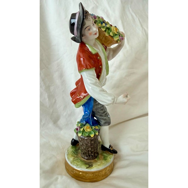 Green Pair of Volkstedt German Porcelain Flower Seller Figurines For Sale - Image 8 of 12