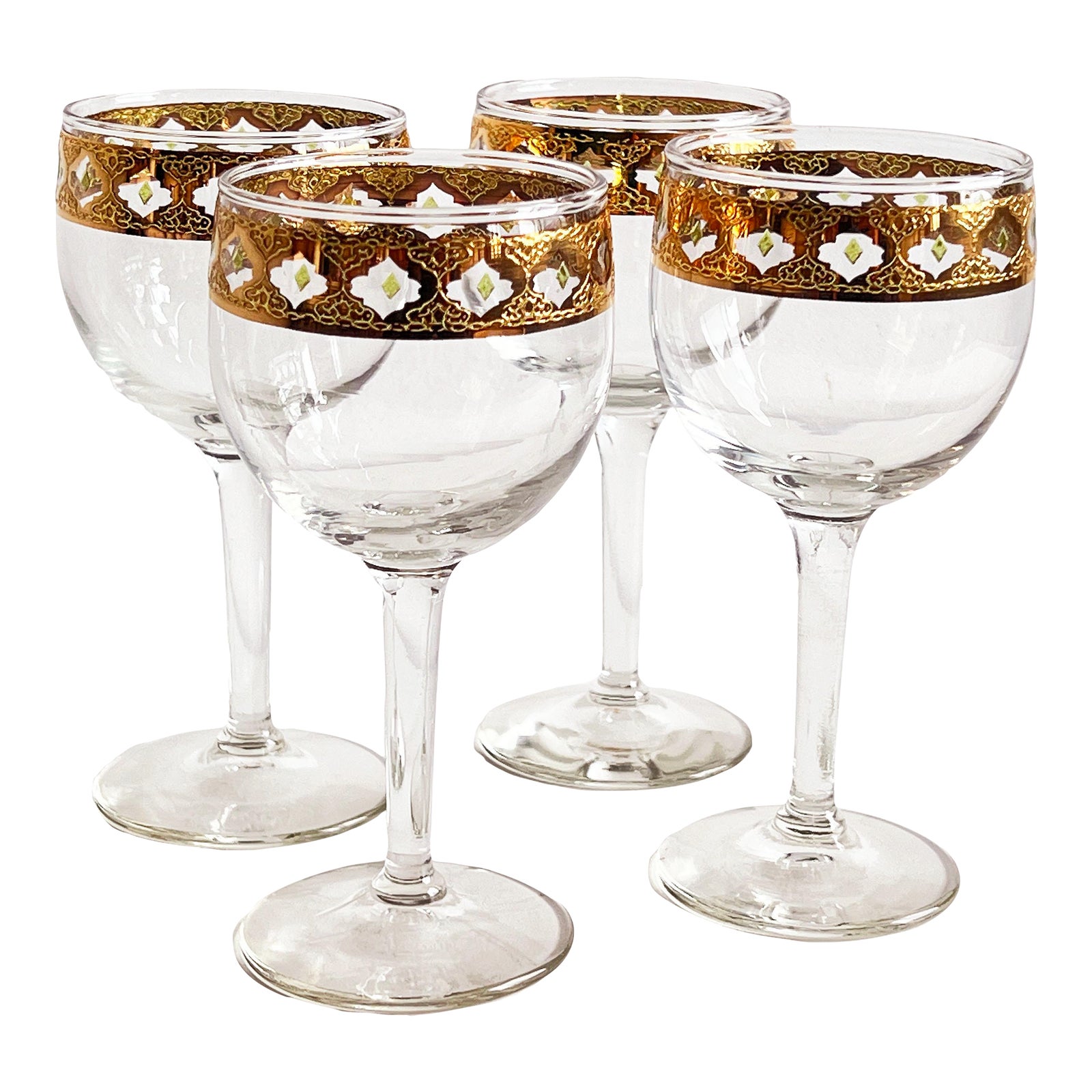 Vintage Culver Valencia Wine Glasses With 22k Gold and Green Enamel - Set of 4