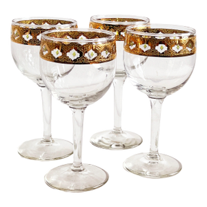 Vintage Culver Valencia Wine Glasses With 22k Gold and Green Enamel - Set of 4