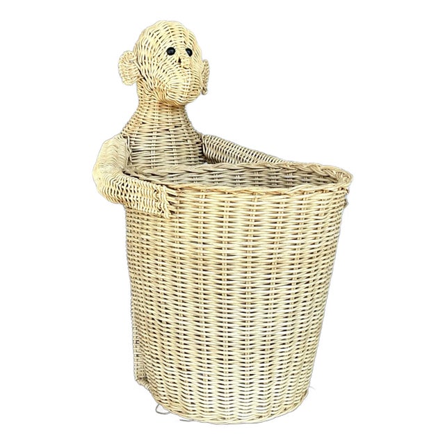 Vintage Coastal Woven Rattan Monkey Waste Paper Basket For Sale
