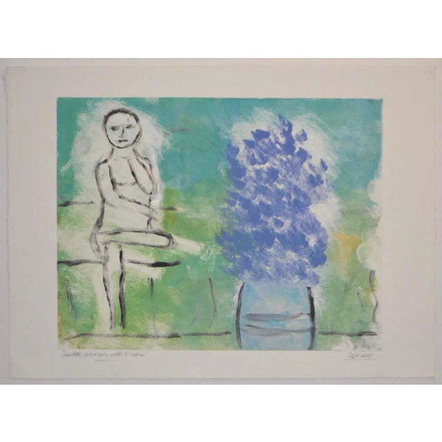 Arthur Krakower "Seated Woman With Flowers" Original Monotype c.2004 Fine monotype by noted California Octogenarian artist...
