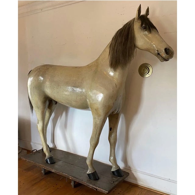 19th century life sized horse trade sign from a tack shop in Pottsville, PA. Horse is made of cast iron, wood, and papier...