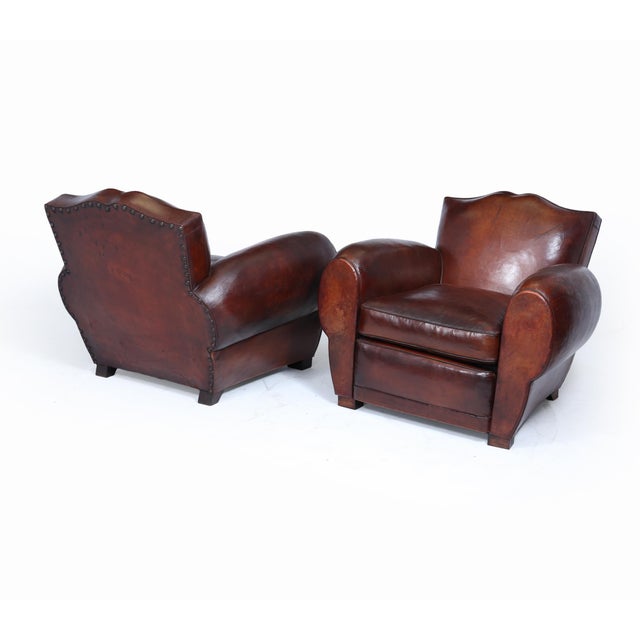 Art Deco French Moustache Back Leather Club Chairs, 1930, Set of 2 For Sale - Image 4 of 18