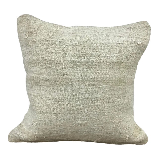 Vintage Turkish White Organic Hemp Handmade Kilim Pillow For Sale
