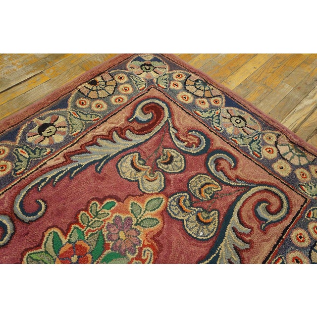 1890s Pink Medallion Folk Art Antique American Hooked Rug 3'10" X 6'0" Handknotted Wool Carpet For Sale In New York - Image 6 of 9