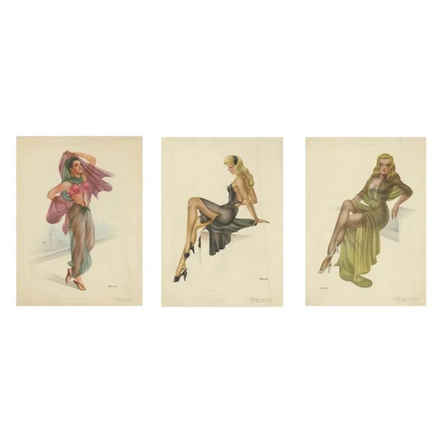 Set of three beautiful vintage pin-up lithographs. Signed by A. Lopez Alonso.