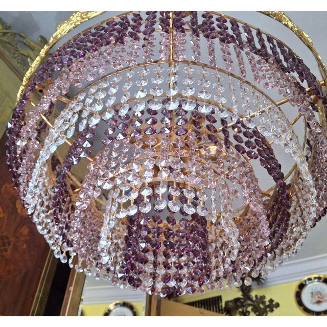 Designer 1960's Large Empire 24k Gold Plated Bronze W/ Amethyst Cut Crystal 8 Tier Semi Flush Mount/ Chandelier by Palme & Walter/ Palwa For Sale - Image 17 of 18