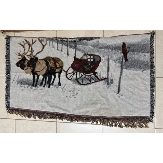 1980s Vintage Winter Reindeer & Sleigh Woven Tapestry Throw With Fringe For Sale - Image 5 of 15