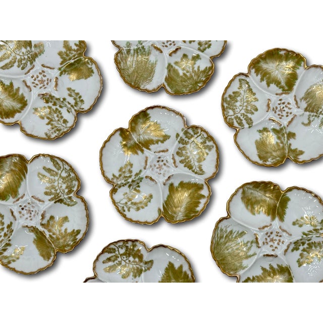 Limoges, France Antique French Limoges Porcelain Oyster 22k Gold & Ferns Decorated Plates Set of 7 For Sale - Image 4 of 18